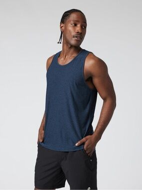 Vuori Strato Tech Tank Navy Heather Soft Performance Knit Sleeveless Workout